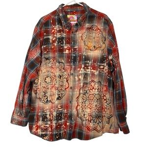 Handmade Floral Flannel Shirt Mens Size 3XL Unisex Bleached Plaid Button Down 3X